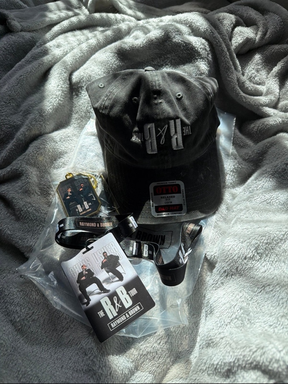 R&B VIP Merch bundle hat, keychain and laminate